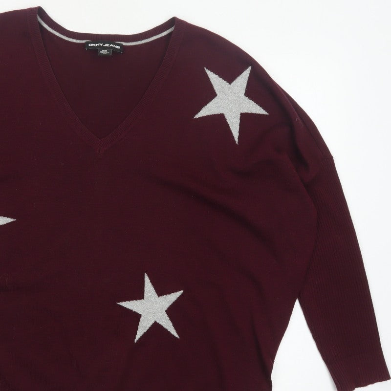 DKNY Jeans Women Red M V-Neck Star Knit Pullover Jumper