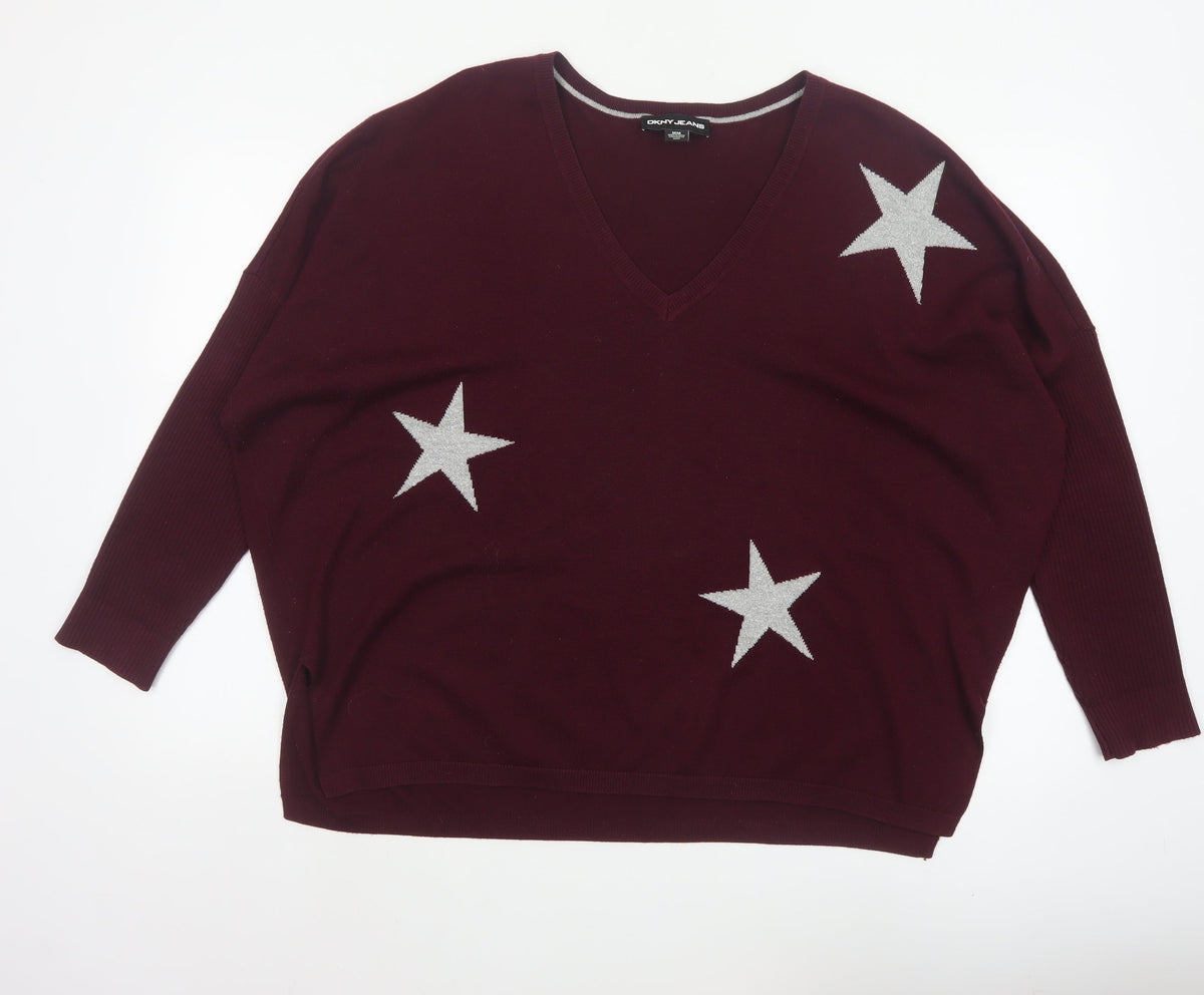 DKNY Jeans Women Red M V-Neck Star Knit Pullover Jumper
