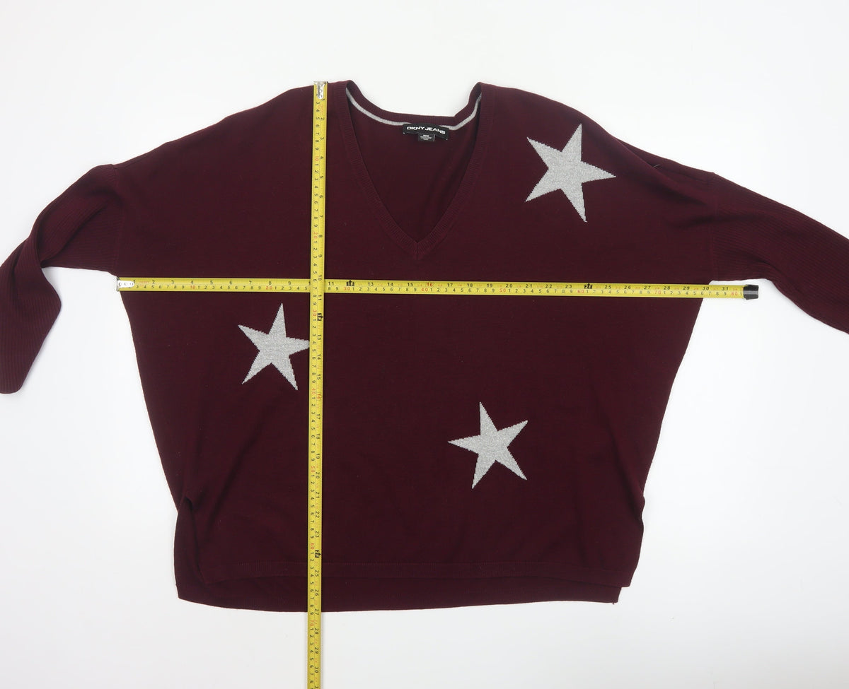 DKNY Jeans Women Red M V-Neck Star Knit Pullover Jumper