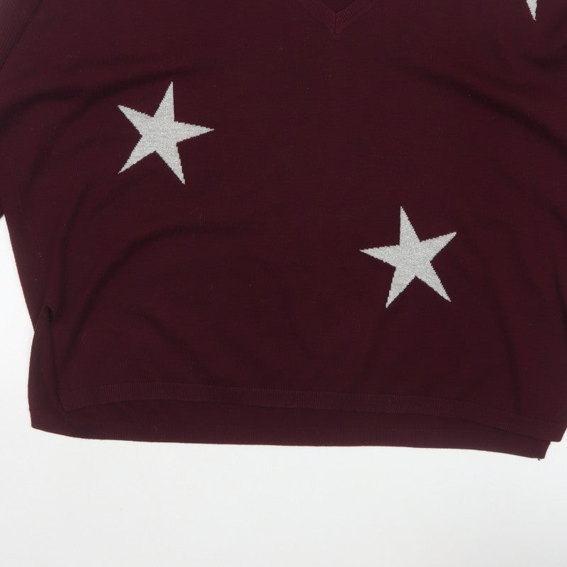 DKNY Jeans Women Red M V-Neck Star Knit Pullover Jumper