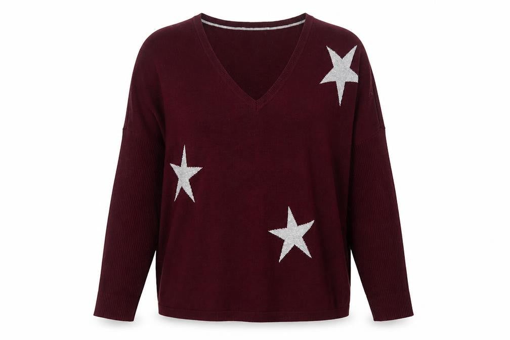 DKNY Jeans Women Red M V-Neck Star Knit Pullover Jumper