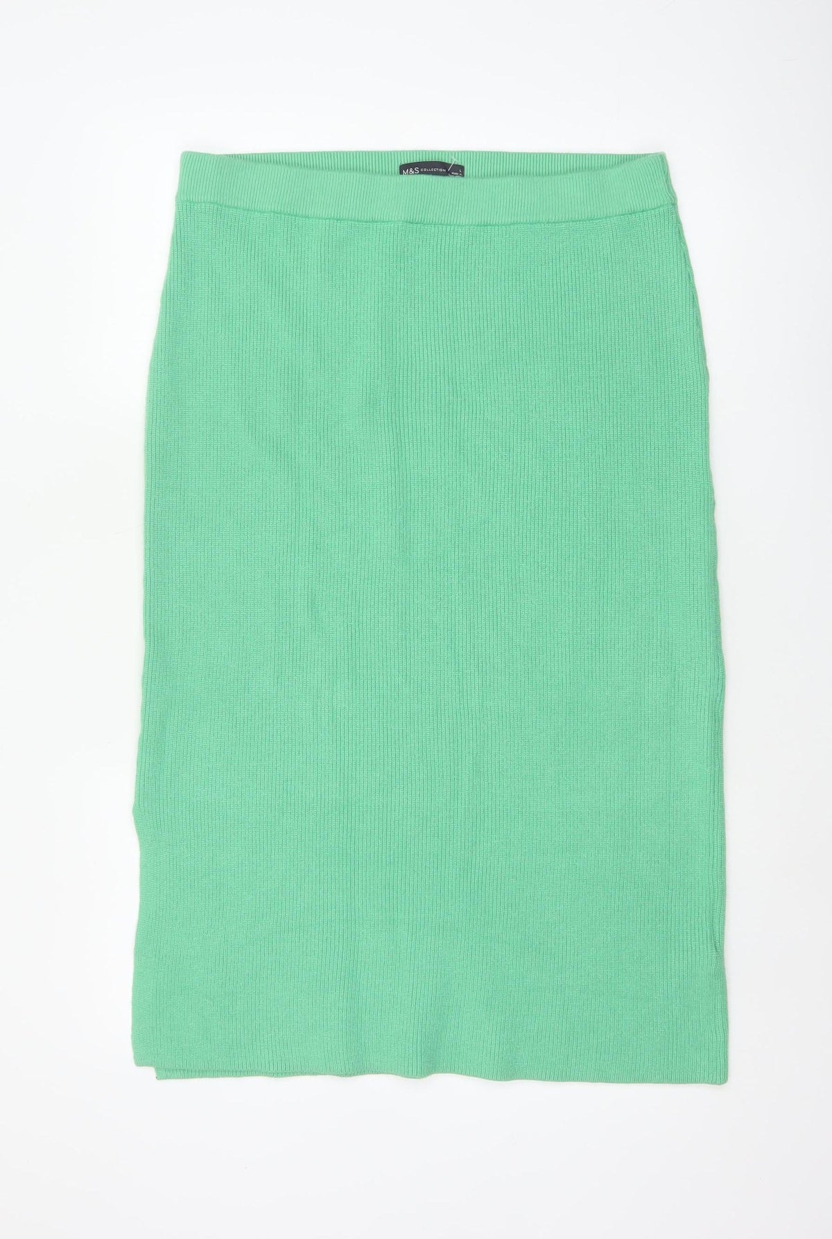Marks and Spencer Women Green L Rib Knit Midi Pencil Skirt Stretch