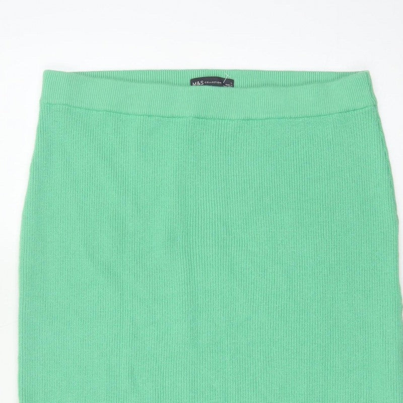 Marks and Spencer Women Green L Rib Knit Midi Pencil Skirt Stretch