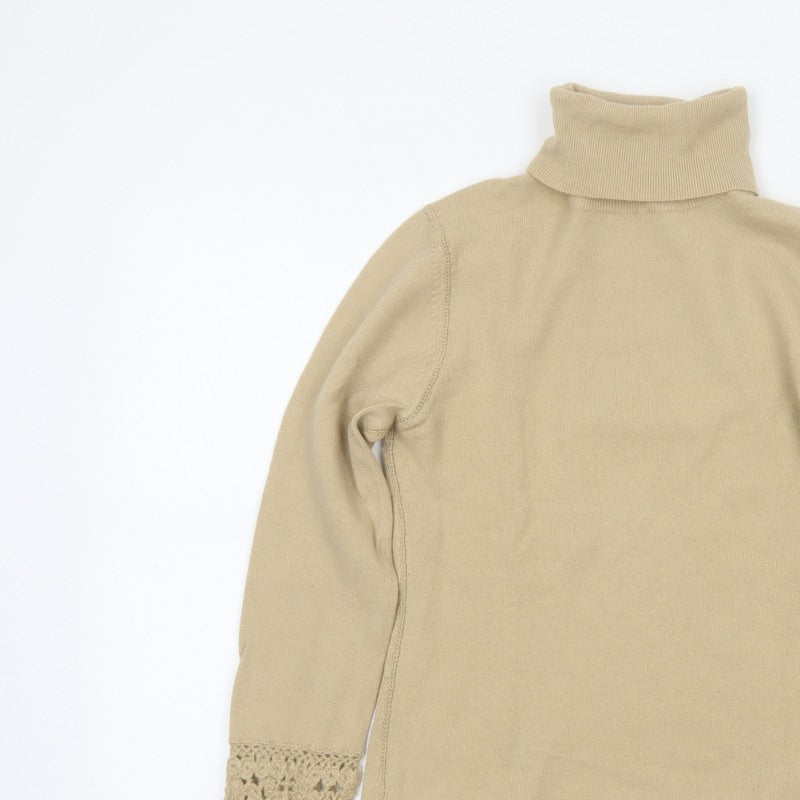 Karen Millen Women Beige UK 8 Roll Neck Crochet Cuff Wool Jumper