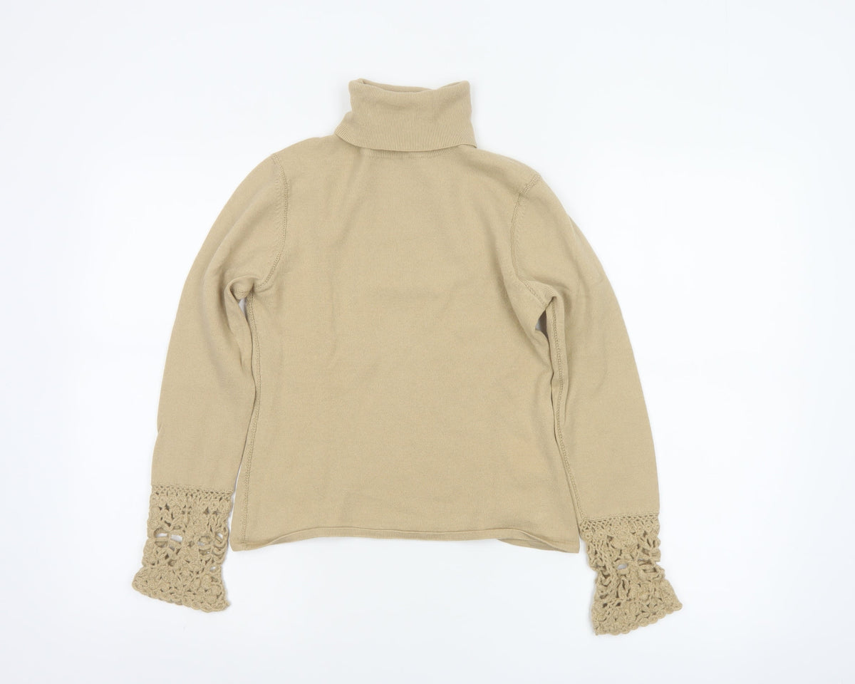 Karen Millen Women Beige UK 8 Roll Neck Crochet Cuff Wool Jumper