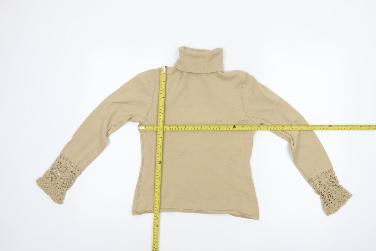 Karen Millen Women Beige UK 8 Roll Neck Crochet Cuff Wool Jumper