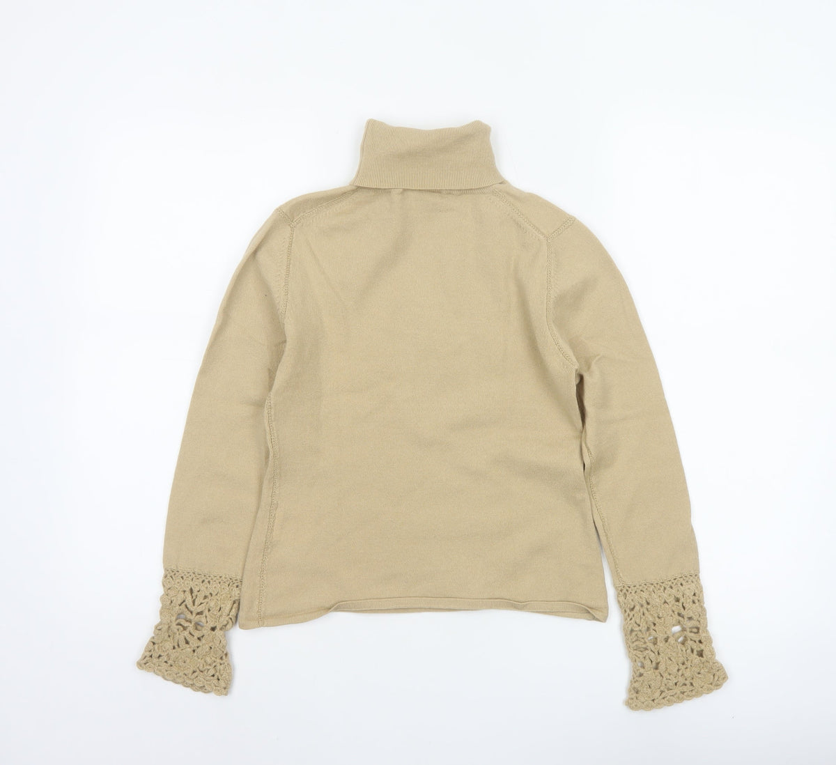 Karen Millen Women Beige UK 8 Roll Neck Crochet Cuff Wool Jumper