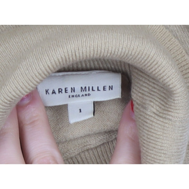 Karen Millen Women Beige UK 8 Roll Neck Crochet Cuff Wool Jumper