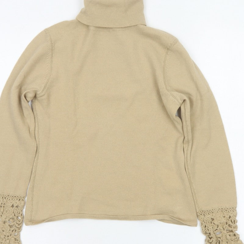 Karen Millen Women Beige UK 8 Roll Neck Crochet Cuff Wool Jumper