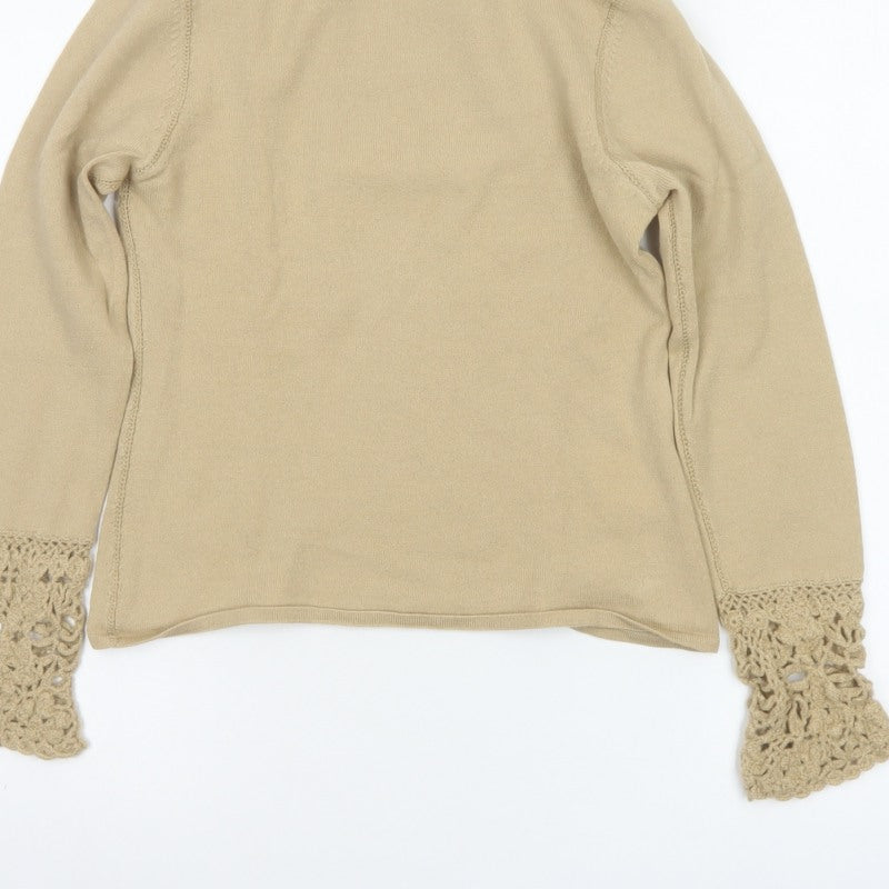 Karen Millen Women Beige UK 8 Roll Neck Crochet Cuff Wool Jumper
