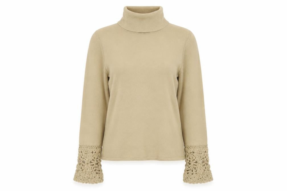 Karen Millen Women Beige UK 8 Roll Neck Crochet Cuff Wool Jumper