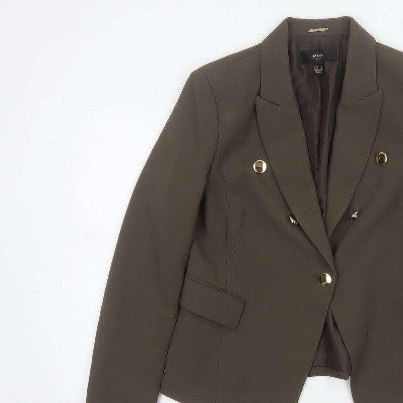 MNG Suit Women Brown L Double-Breasted Lined Blazer Gold Buttons