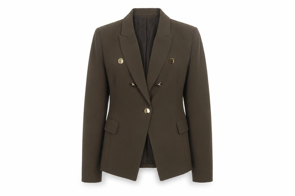 MNG Suit Women Brown L Double-Breasted Lined Blazer Gold Buttons
