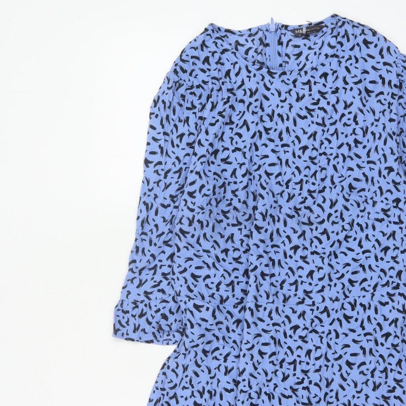 M&S Women Blue Geometric Print Fit & Flare Knee Dress UK 14