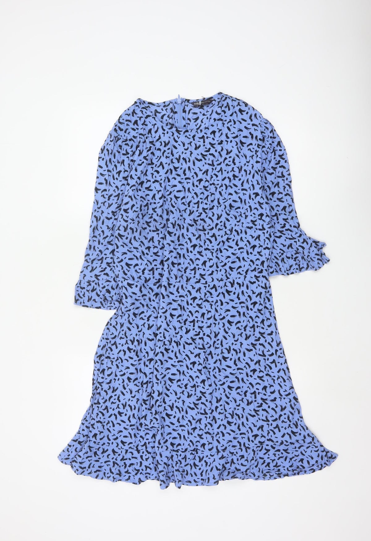 M&S Women Blue Geometric Print Fit & Flare Knee Dress UK 14