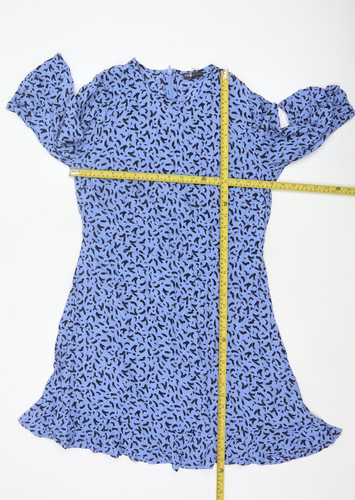 M&S Women Blue Geometric Print Fit & Flare Knee Dress UK 14