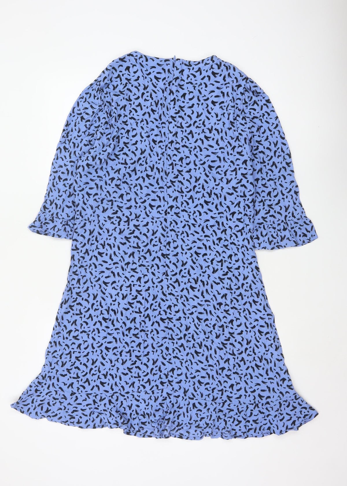 M&S Women Blue Geometric Print Fit & Flare Knee Dress UK 14