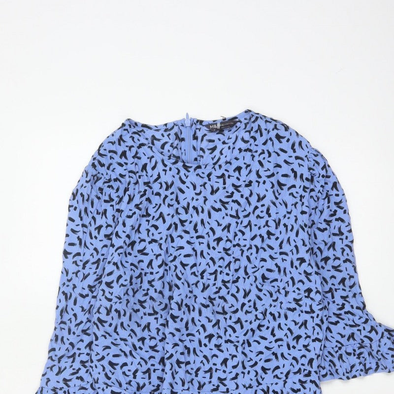 M&S Women Blue Geometric Print Fit & Flare Knee Dress UK 14
