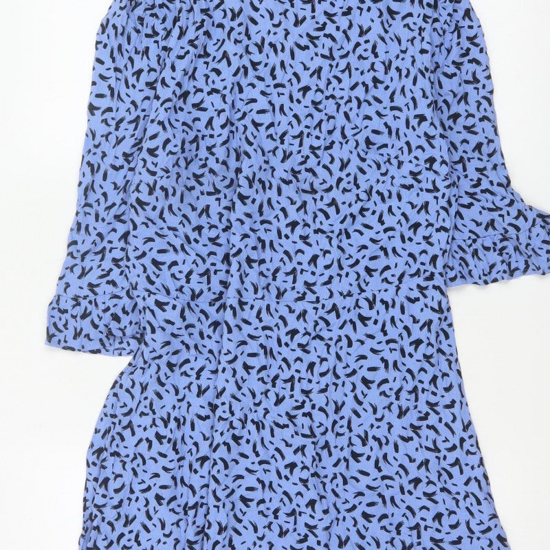 M&S Women Blue Geometric Print Fit & Flare Knee Dress UK 14