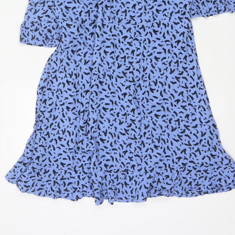 M&S Women Blue Geometric Print Fit & Flare Knee Dress UK 14