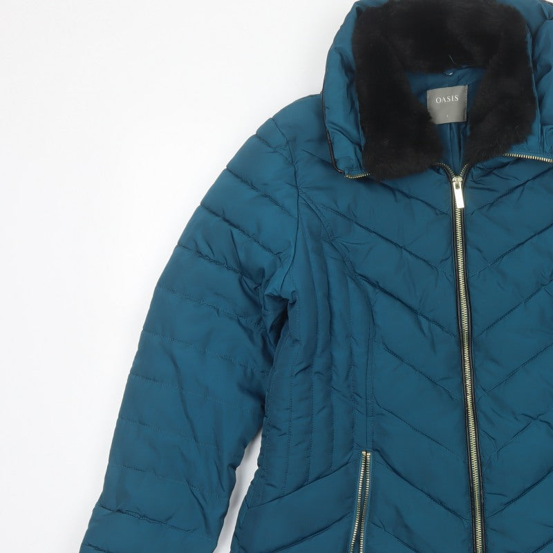 Oasis Women’s Blue UK 8 Quilted Puffer Jacket Faux Fur Collar