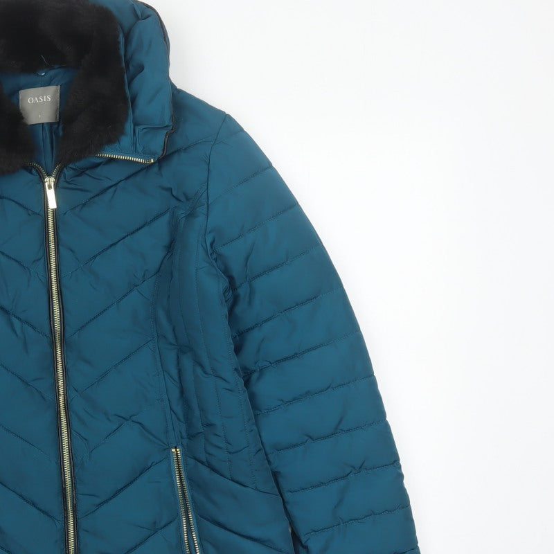 Oasis Women’s Blue UK 8 Quilted Puffer Jacket Faux Fur Collar
