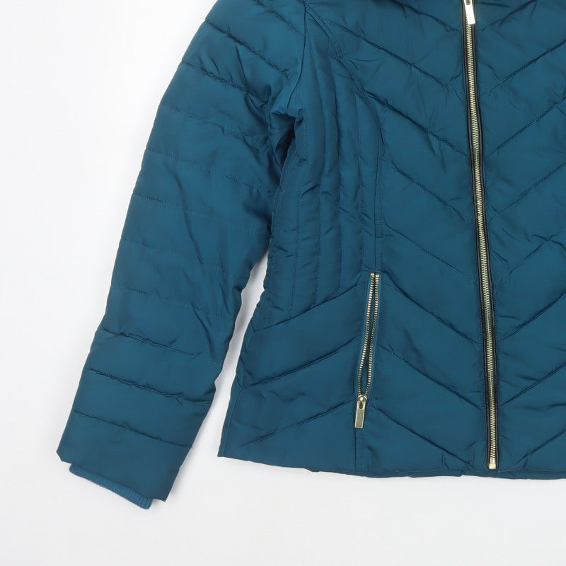 Oasis Women’s Blue UK 8 Quilted Puffer Jacket Faux Fur Collar