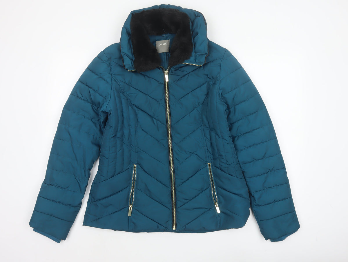 Oasis Women’s Blue UK 8 Quilted Puffer Jacket Faux Fur Collar