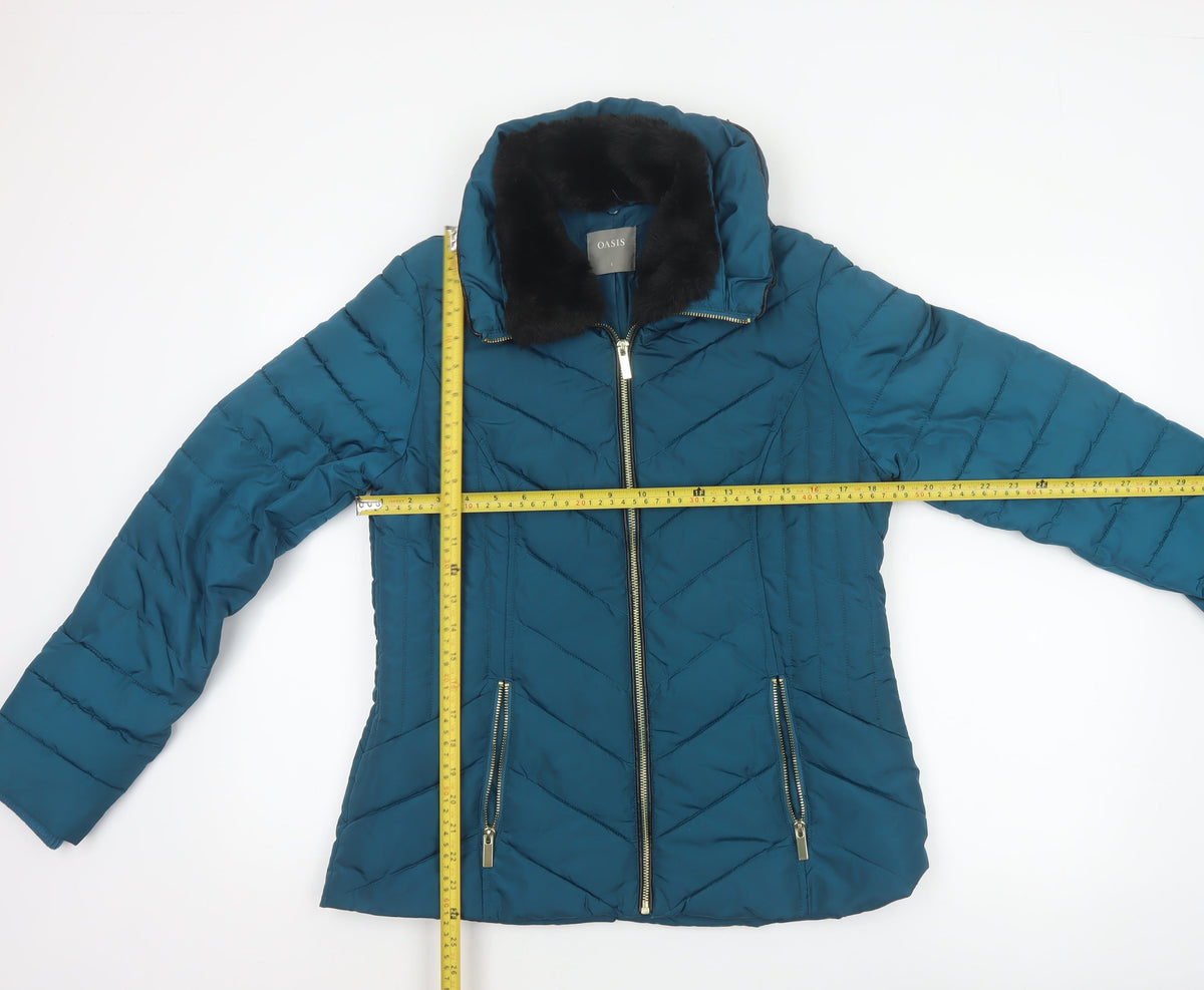 Oasis Women’s Blue UK 8 Quilted Puffer Jacket Faux Fur Collar
