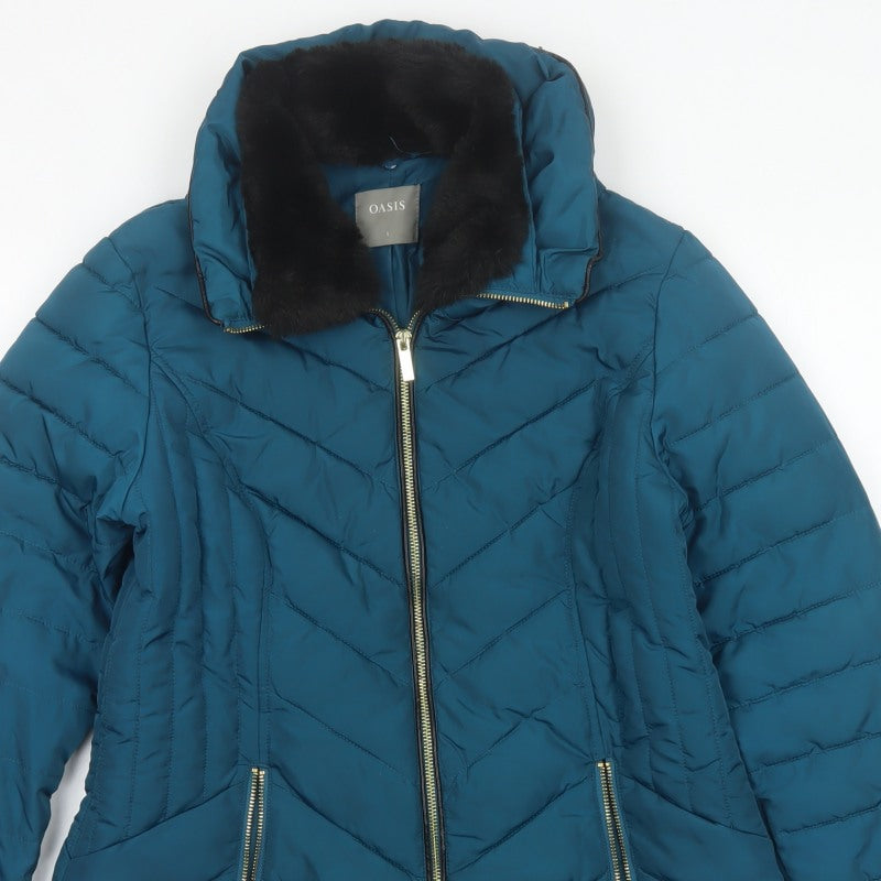 Oasis Women’s Blue UK 8 Quilted Puffer Jacket Faux Fur Collar