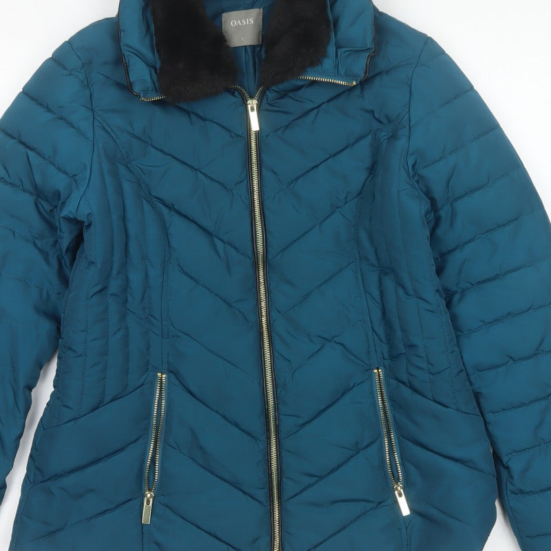 Oasis Women’s Blue UK 8 Quilted Puffer Jacket Faux Fur Collar