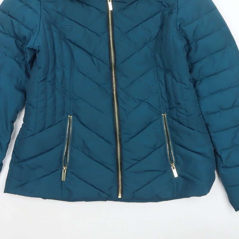 Oasis Women’s Blue UK 8 Quilted Puffer Jacket Faux Fur Collar