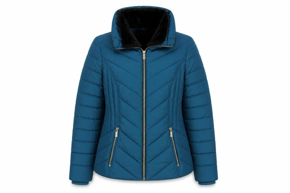 Oasis Women’s Blue UK 8 Quilted Puffer Jacket Faux Fur Collar