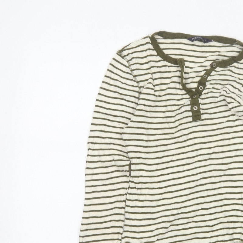 Marks and Spencer Women Green Striped UK 8 Long Sleeve Henley Jersey Top