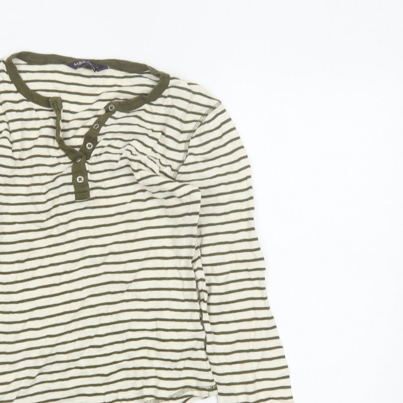 Marks and Spencer Women Green Striped UK 8 Long Sleeve Henley Jersey Top