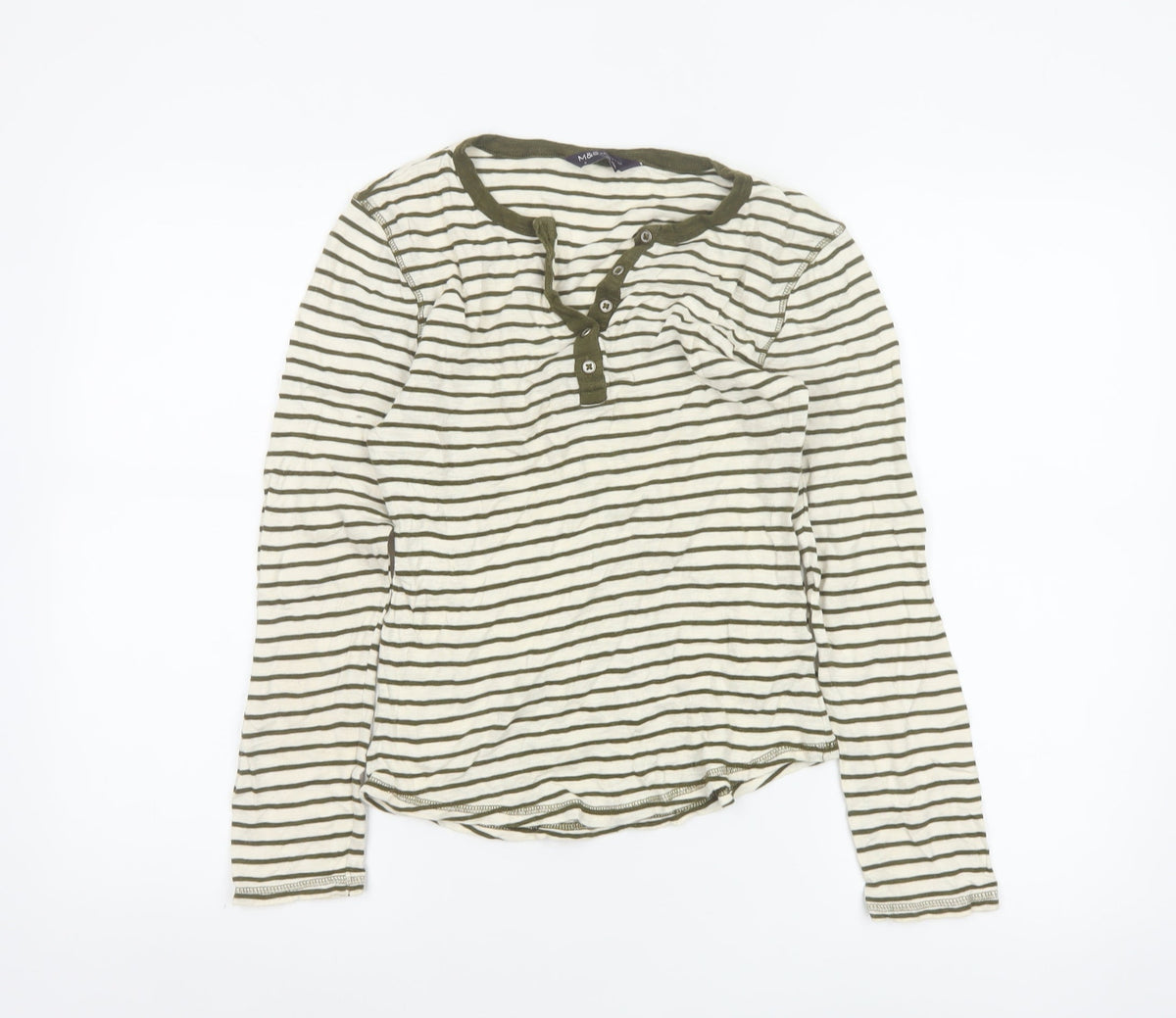 Marks and Spencer Women Green Striped UK 8 Long Sleeve Henley Jersey Top