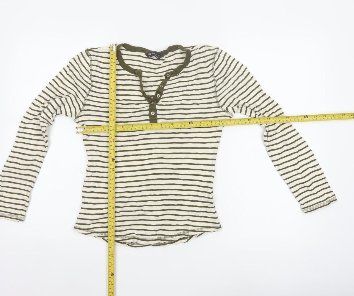 Marks and Spencer Women Green Striped UK 8 Long Sleeve Henley Jersey Top