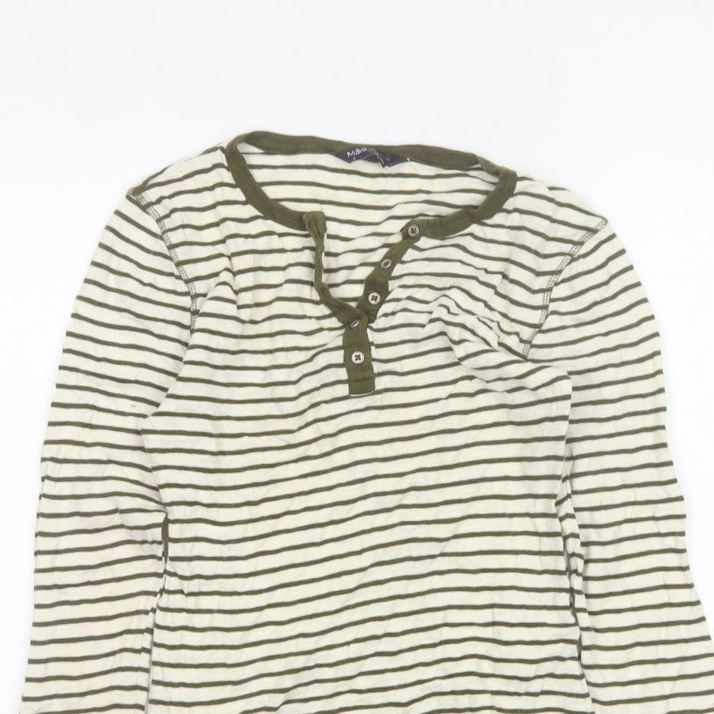 Marks and Spencer Women Green Striped UK 8 Long Sleeve Henley Jersey Top