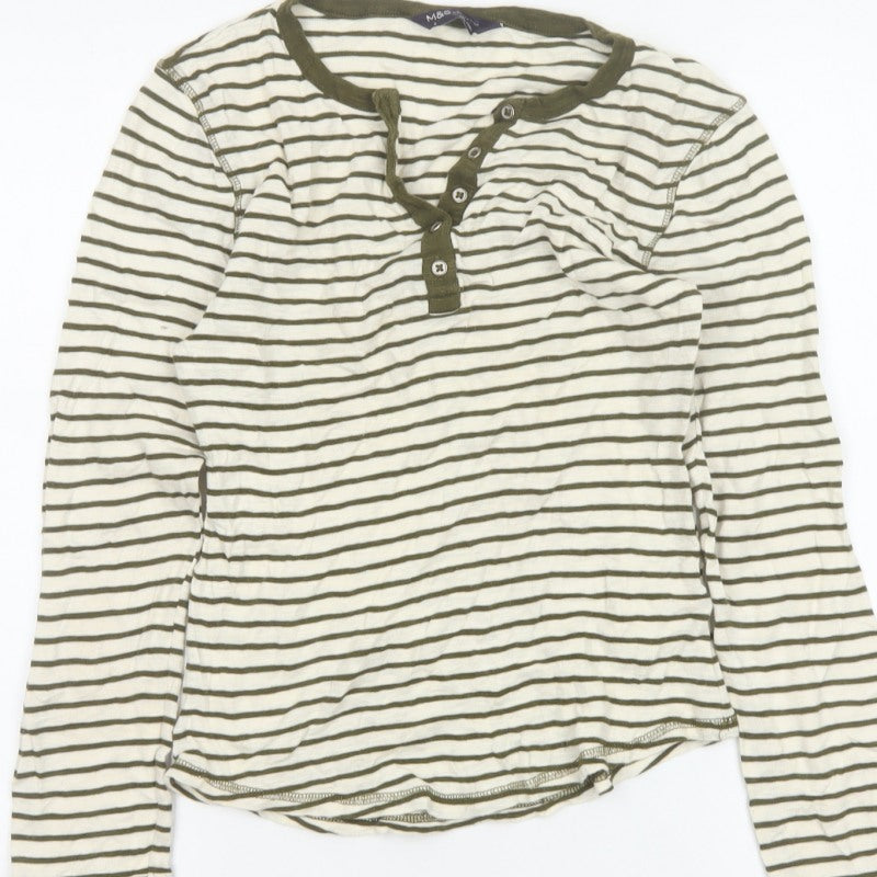 Marks and Spencer Women Green Striped UK 8 Long Sleeve Henley Jersey Top