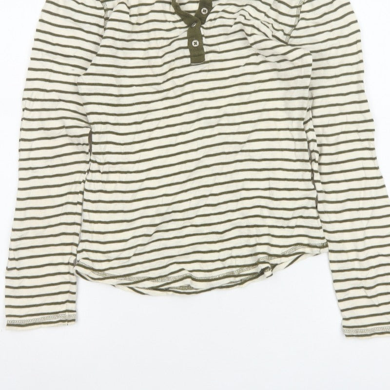 Marks and Spencer Women Green Striped UK 8 Long Sleeve Henley Jersey Top
