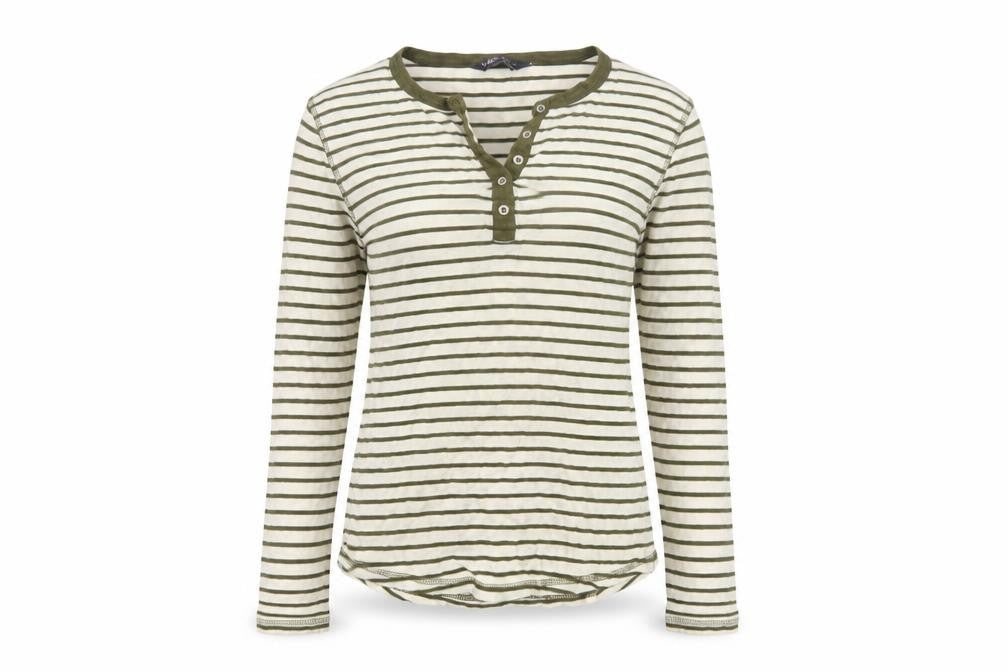 Marks and Spencer Women Green Striped UK 8 Long Sleeve Henley Jersey Top