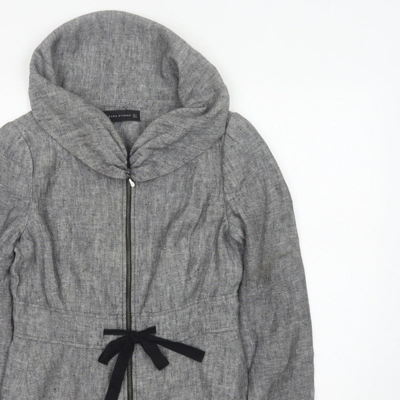 Zara Woman Women's Grey Basic Hooded Zip Jacket Size S Tie Waist