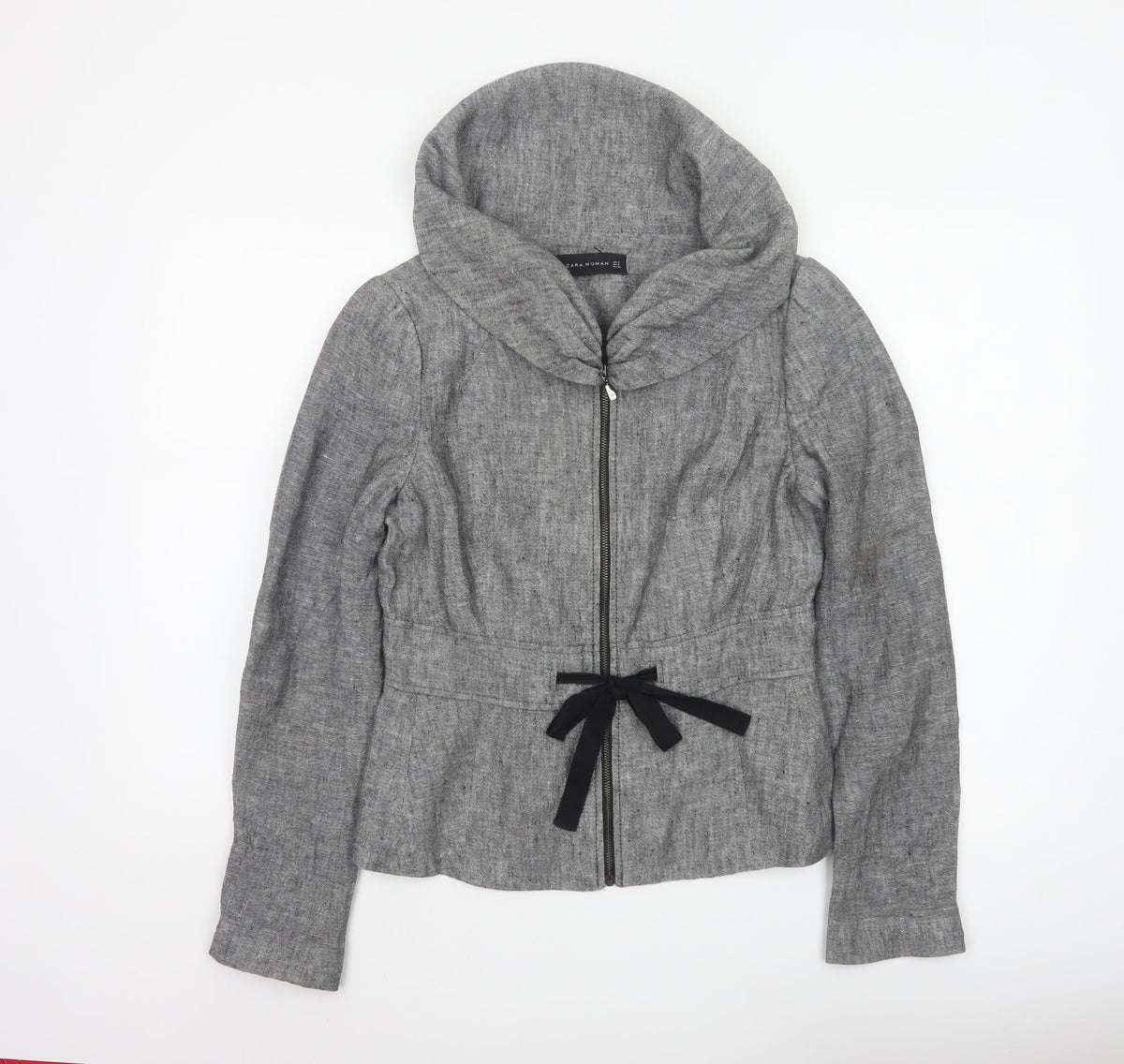Zara Woman Women's Grey Basic Hooded Zip Jacket Size S Tie Waist