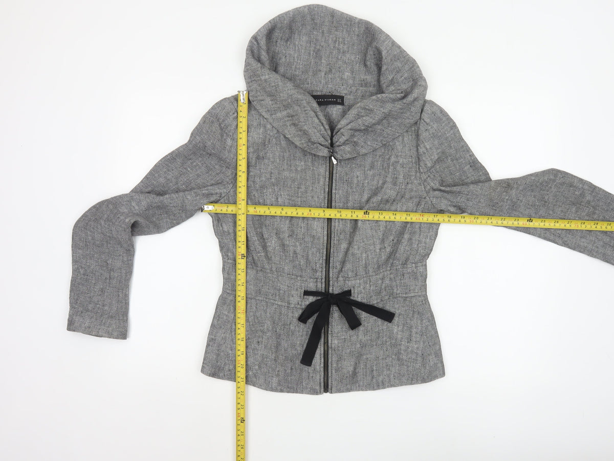 Zara Woman Women's Grey Basic Hooded Zip Jacket Size S Tie Waist