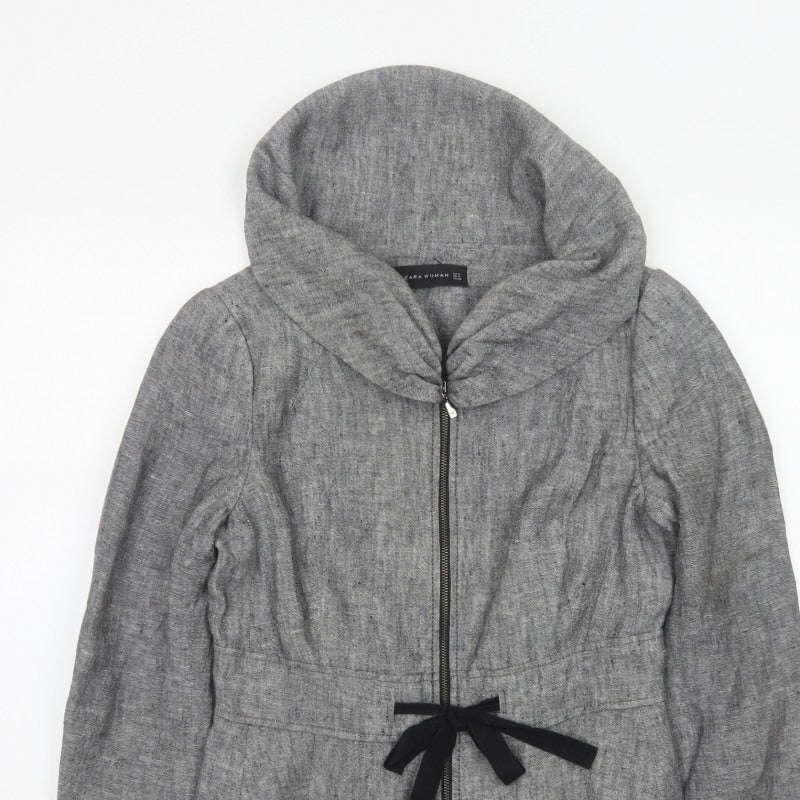 Zara Woman Women's Grey Basic Hooded Zip Jacket Size S Tie Waist