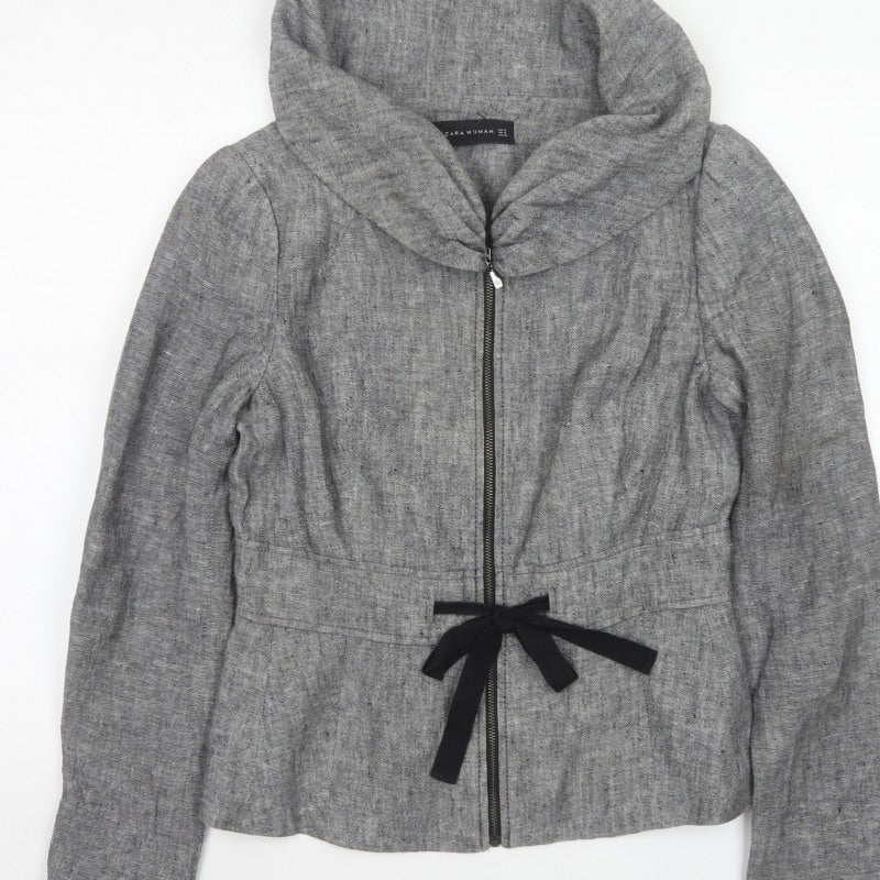 Zara Woman Women's Grey Basic Hooded Zip Jacket Size S Tie Waist
