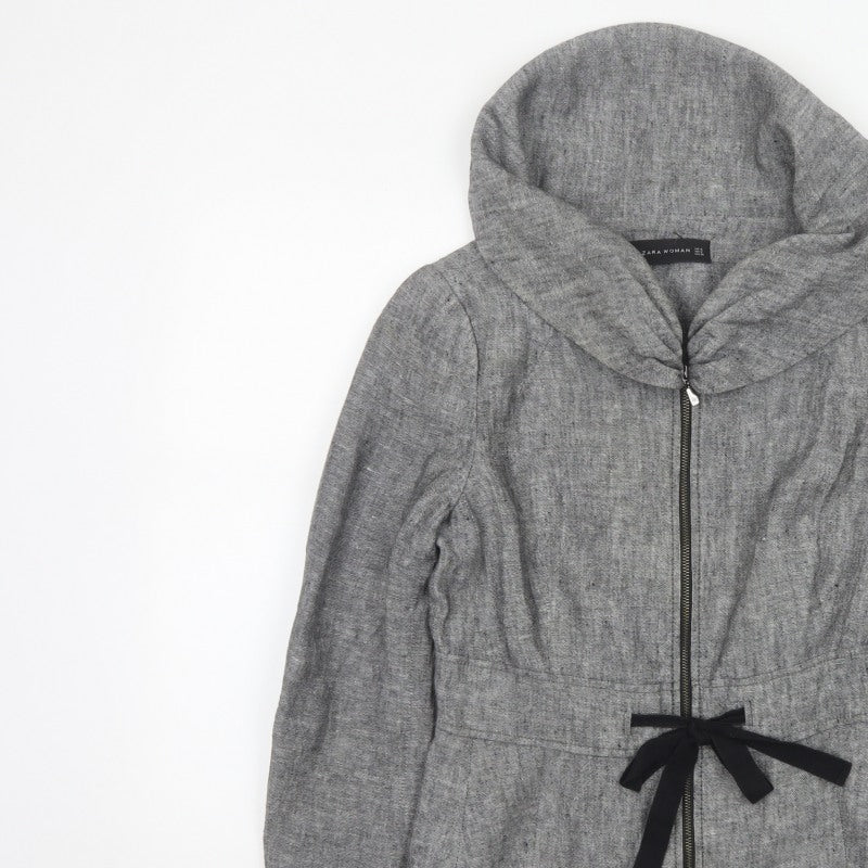 Zara Woman Women's Grey Basic Hooded Zip Jacket Size S Tie Waist