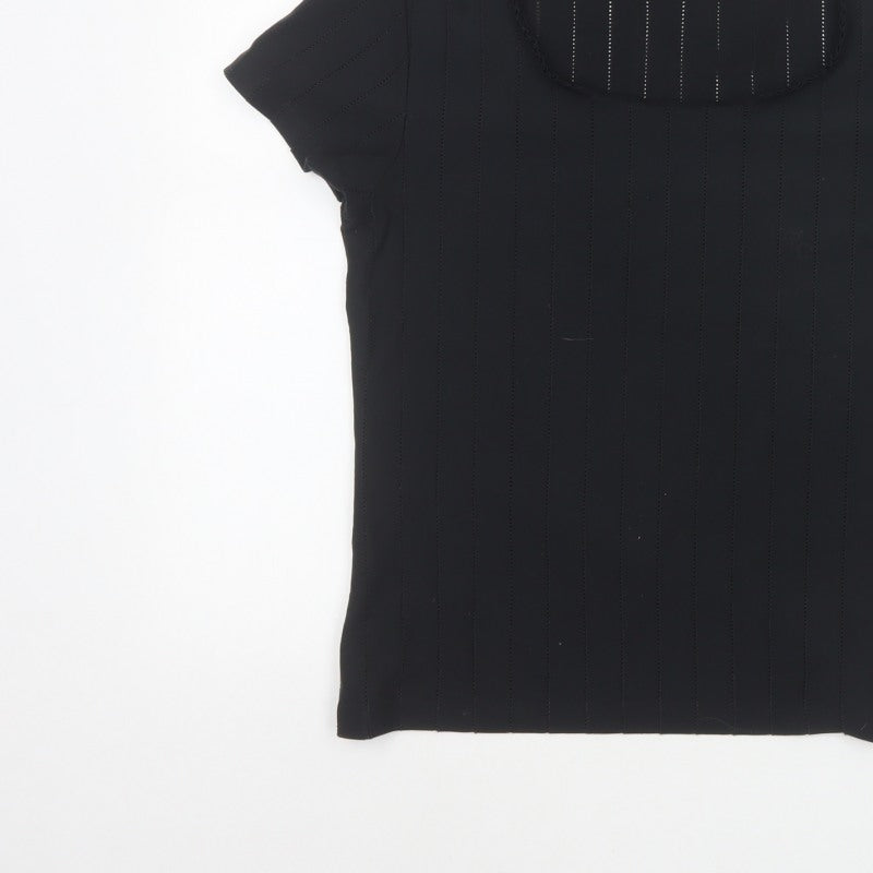 Bhs Women Black Size 16 Ruffle Neck Short Sleeve Striped Blouse