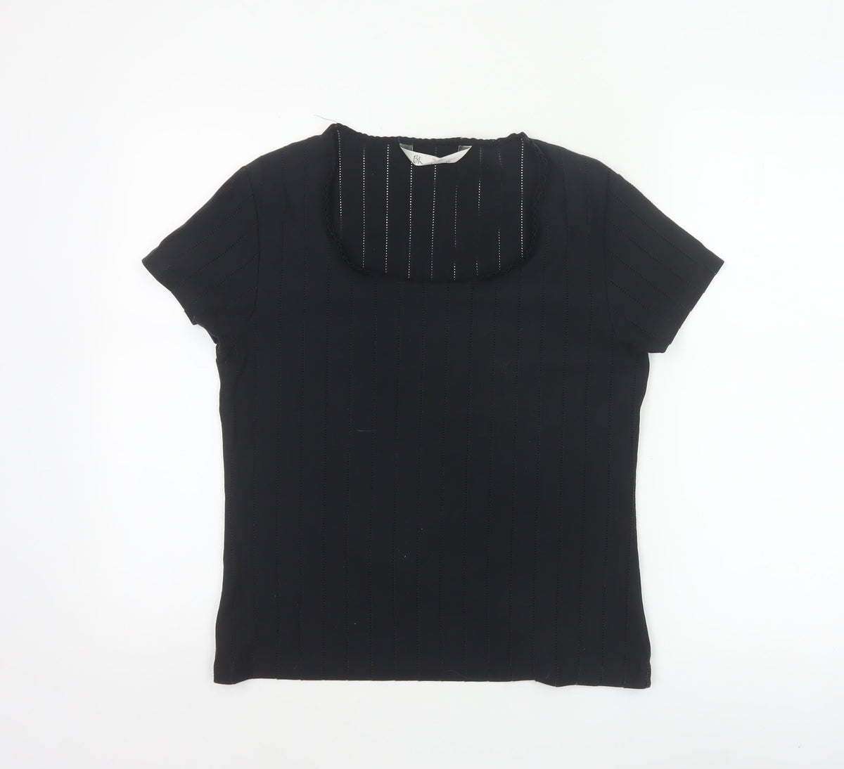 Bhs Women Black Size 16 Ruffle Neck Short Sleeve Striped Blouse