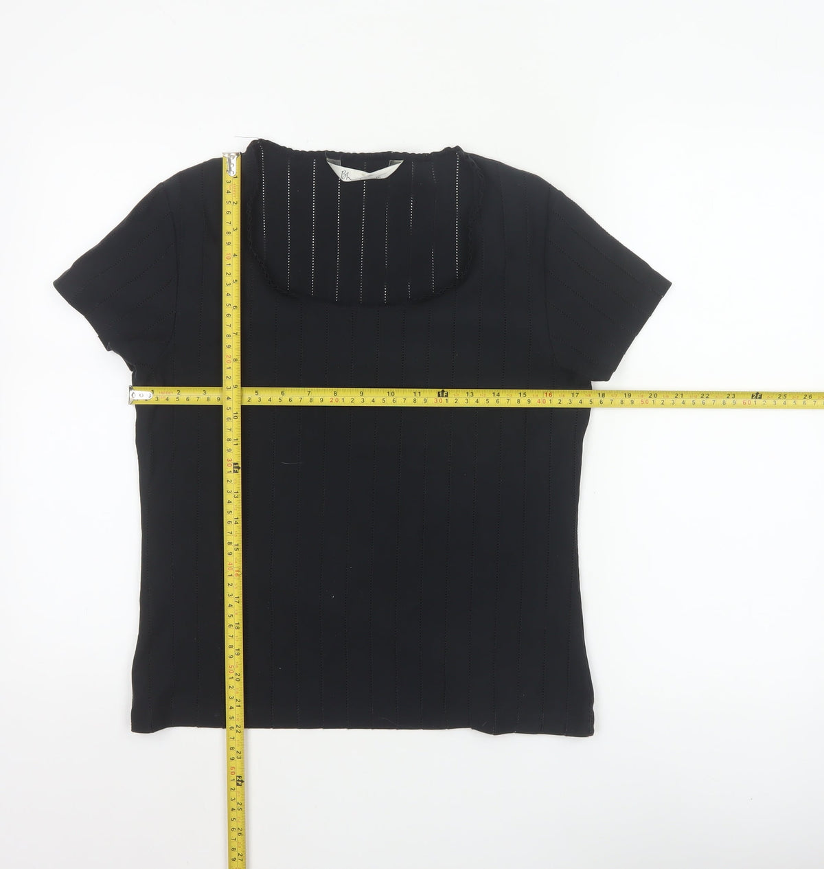 Bhs Women Black Size 16 Ruffle Neck Short Sleeve Striped Blouse
